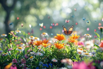  A butterfly is flying in a field of flowers