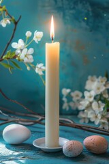 Aufkleber - Lit candle sitting on top of a plate next to eggs. Suitable for food and kitchen concepts