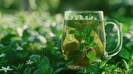 Poster - A glass cup of tea on a lush green field, perfect for relaxation concept