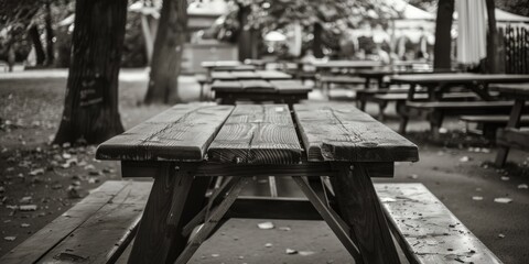 Poster - A monochrome image of a picnic table. Suitable for various outdoor themes