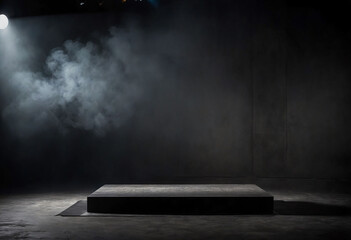 Poster - Podium black dark smoke background product platform abstract stage texture fog spotlight