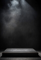 Poster - Podium black dark smoke background product platform abstract stage texture fog spotlight