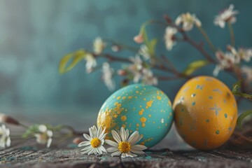 Poster - Two colorful Easter eggs displayed on a rustic wooden table. Perfect for Easter holiday designs