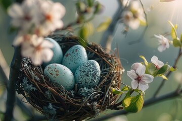 Poster - Blue eggs in a bird nest on a tree, suitable for nature themes