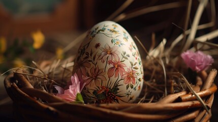Aufkleber - A beautifully decorated Easter egg in a nest surrounded by colorful flowers. Perfect for Easter and spring-themed designs