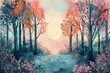 Cartoon forest in watercolor, pastel sunrise, wide angle, whimsical morning