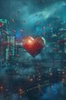Close-up of a heart surrounded by pills, focus on medical treatment, 2D healthcare illustration.Cityscape with masks floating like clouds, PM2.5 particles as stars, dream-like surrealism.