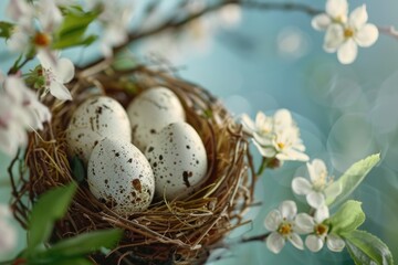 Poster - Three eggs in a nest on a tree branch, perfect for nature-themed designs