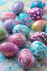 Poster - A table covered with vibrant painted eggs, perfect for Easter celebrations