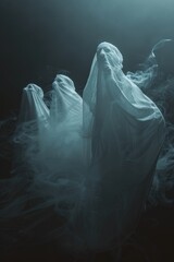 Wall Mural - Group of ghostly figures in a dimly lit room. Suitable for horror or supernatural themes