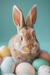 Poster - Cute rabbit surrounded by colorful Easter eggs. Perfect for Easter designs