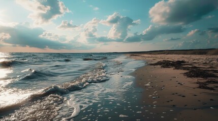 Poster - A scenic view of the ocean from a sandy beach. Perfect for travel websites