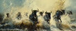 A group of wildebeest run through the river in their typical way, splashing water and creating big waves on its path