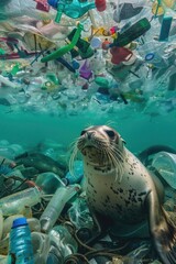 Poster - A seal sitting on top of a pile of plastic bottles. Suitable for environmental conservation concepts