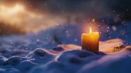 Sticker - A lit candle sitting on snow covered ground. Suitable for winter themed designs