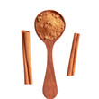 Wooden spoon filled with cinnamon sticks and powder