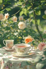 Poster - Simple image of a tea cup and saucer on a table. Suitable for various projects