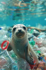 Poster - A seal swimming in polluted water. Suitable for environmental awareness campaigns