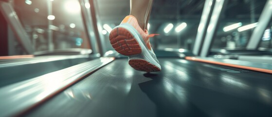 Poster - An athlete is running on a treadmill with his feet close up on his shoe.