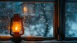 Lantern sitting on a window sill in the snow, perfect for winter-themed designs