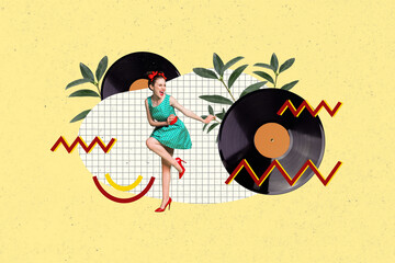 Poster - Sketch image composite trend artwork 3D collage of young happy lady retro dance at huge vinyl recorder music play plant leaves around