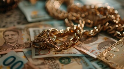 Poster - A pile of money on a wooden table, suitable for financial concepts