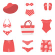 Swimwear isolated on white background. Set. Beautiful red swimsuits, swimming trunks, beach hat, beach bag, flip-flops. Summer vector illustration in red colors