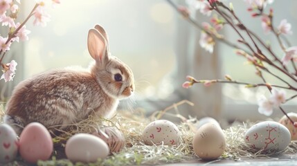Poster - A cute rabbit sitting in the grass next to colorful eggs. Perfect for Easter-themed designs