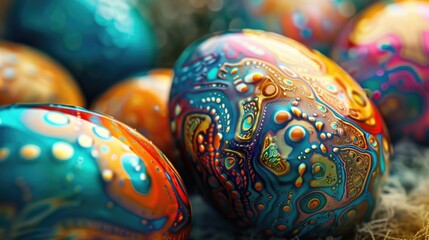 Poster - Colorful painted eggs on a bed of hay. Perfect for Easter and farm-themed designs