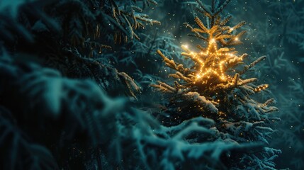 Poster - A beautifully lit Christmas tree surrounded by snow. Perfect for holiday designs