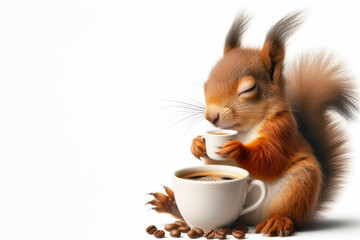 Wall Mural - sleepy squirrel holding cup of coffee isolated on solid white background