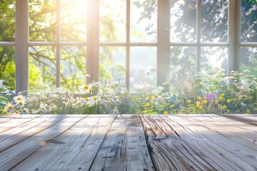 Fototapete - A wooden table with a vase of flowers in front of a window. Perfect for home decor ideas