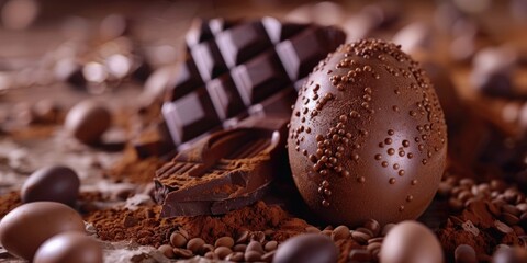 Poster - A chocolate egg sitting on top of a pile of chocolate. Perfect for Easter or dessert concepts