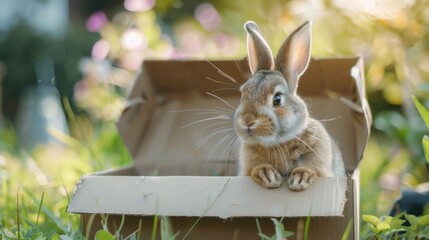 Wall Mural - A rabbit sitting in a box on the grass. Suitable for various outdoor themes