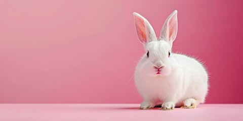 Poster - A white rabbit sitting on a pink surface. Suitable for various creative projects