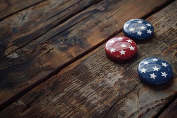 Poster - Colorful buttons on a rustic wooden background. Perfect for fashion or crafting projects