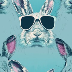 Aufkleber - Group of rabbits wearing sunglasses on a vibrant blue background. Perfect for summer-themed designs