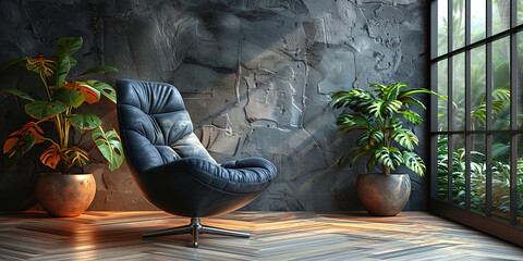 Stylish Living Room: Premium Armchair in Minimalistic Grey Space - Black Interior Design