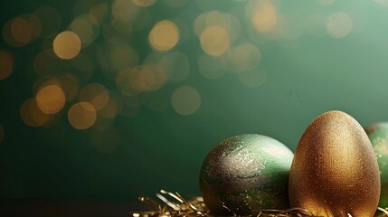 Poster - Three green and gold Easter eggs in a nest. Perfect for Easter decorations