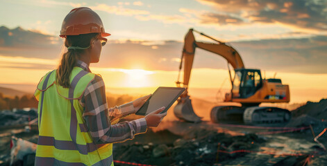 A male and female construction worker wearing high-visibility yellow-green , holding an iPad in their hands while pointing at something on the horizon