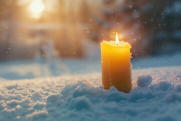 Poster - A yellow candle burning in the snow, perfect for winter themes