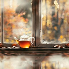 Poster - A cup of tea sitting on a window sill, suitable for various concepts and designs