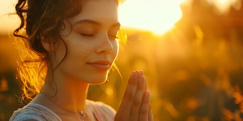 Wall Mural - Woman is praying in a field with the sun in the background. The scene is peaceful and serene