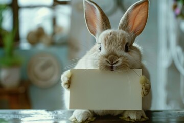 Poster - Cute rabbit holding sign on table, perfect for advertising purposes