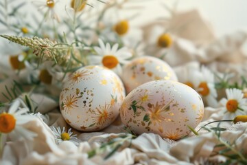 Poster - Colorful Easter eggs on a bed of flowers. Perfect for spring and Easter designs