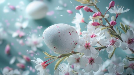 Poster - Close up of a white egg resting on a tree branch. Suitable for nature and Easter concepts