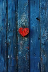 Poster - A red heart shape on a blue wooden wall. Suitable for various romantic themes