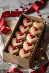 Aufkleber - A box of heart shaped cookies on a table. Suitable for Valentine's Day designs