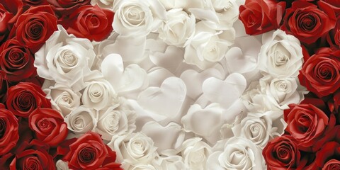 Poster - Beautiful heart made of white and red roses, perfect for wedding or valentine's day concepts