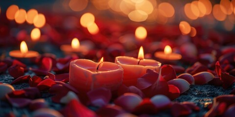Poster - A bunch of candles on a field of rose petals. Perfect for romantic events